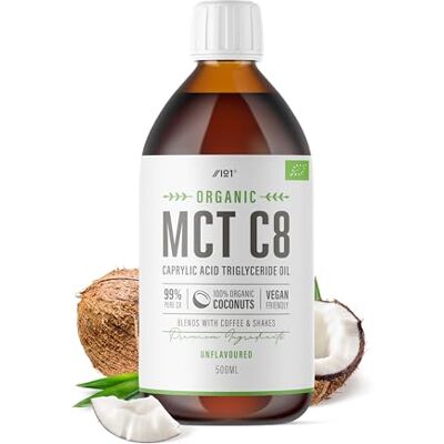 ALPHA01 Óleo orgânico C8 MCT: 500 ml, 100% puro prensado a frio C8 MCT, óleo de coco premium, de origem sustentável, adicionar a cafés ou batidos, aumenta as cetonas 3 vezes mais do que outros MCT ALPHA01 Óleo orgânico C8 MCT: 500 ml, 100% puro prensado a frio C8 MCT, óleo de coco premium, de origem sustentável, adicionar a cafés ou batidos, aumenta as cetonas 3 vezes mais do que outros MCT