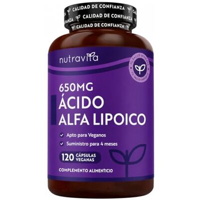Nutravita Acido Alfa Lipoico 650 mg 120 ALA Cápsulas de Alta Potencia Para veganos fornecimento para 4 meses 100% naturais, sem agentes glutinantes ou enchimentos sintéticos Nutravita Acido Alfa Lipoico 650 mg 120 ALA Cápsulas de Alta Potencia Para veganos fornecimento para 4 meses 100% naturais, sem agentes glutinantes ou enchimentos sintéticos
