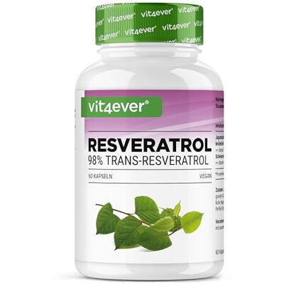 Vit4ever Resveratrol 600 mg 98% Trans-Resveratrol 60 cápsulas veganas Extrato de polígonum Cuspidatum 100:1 alta pureza 1 dia sem aditivos desnecessários analisado em laboratório Vit4ever Resveratrol 600 mg 98% Trans-Resveratrol 60 cápsulas veganas Extrato de polígonum Cuspidatum 100:1 alta pureza 1 dia sem aditivos desnecessários analisado em laboratório
