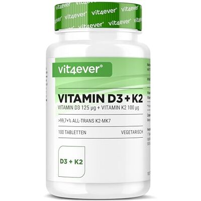 Vit4ever vitamina D3 5000 UI vitamina K2 100 µg Depot 100 comprimidos 99,7% All-Trans MK-7 De Lanolina Vegetariano alta biodisponibilidade Premium sem aditivos desnecessários Vit4ever vitamina D3 5000 UI vitamina K2 100 µg Depot 100 comprimidos 99,7% All-Trans MK-7 De Lanolina Vegetariano alta biodisponibilidade Premium sem aditivos desnecessários