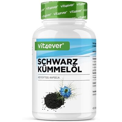 Vit4ever Óleo de cominho preto 420 cápsulas Nigella sativa autêntica Prensado a frio 1000 mg por dose diária Egípcio Natural 7 meses Vit4ever Óleo de cominho preto 420 cápsulas Nigella sativa autêntica Prensado a frio 1000 mg por dose diária Egípcio Natural 7 meses