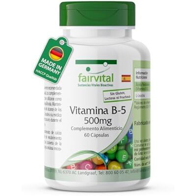 fairvital Vitamina B5 500 mg, 60 cápsulas, cápsulas de ácido pantoténico, alta dose, VEGANO fairvital Vitamina B5 500 mg, 60 cápsulas, cápsulas de ácido pantoténico, alta dose, VEGANO