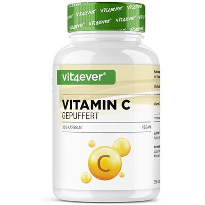 Vit4ever Vitamina C tampada, 365 cápsulas, 1000 mg de vitamina C Fermentada de plantas pH neutro sem ácido suave para o estômago vegano Vit4ever Vitamina C tampada, 365 cápsulas, 1000 mg de vitamina C Fermentada de plantas pH neutro sem ácido suave para o estômago vegano
