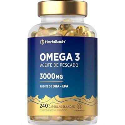 Horbäach Omega 3 Cápsulas 3000mg de Aceite de Pescado Superfuerza EPA + DHA 240 cápsulas 1000 mg por cápsula Alta potência por Horbaach Horbäach Omega 3 Cápsulas 3000mg de Aceite de Pescado Superfuerza EPA + DHA 240 cápsulas 1000 mg por cápsula Alta potência por Horbaach