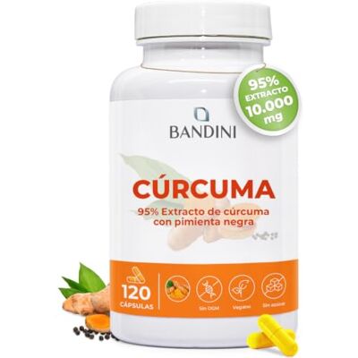 BANDINI ® Cúrcuma 120 cápsulas/4 meses de suministro 700 mg por cápsula a partir de 95% de extrato de piperina de pimenta preta, 100% vegano e sem aditivos BANDINI ® Cúrcuma 120 cápsulas/4 meses de suministro 700 mg por cápsula a partir de 95% de extrato de piperina de pimenta preta, 100% vegano e sem aditivos