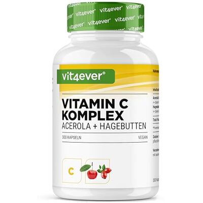 Vit4ever Complexo natural de vitamina C 300 cápsulas para 5 meses Extrato de cerola e extrato de rosa com 400 mg de vitamina C por dose diária alta dose Vegan Vit4ever Complexo natural de vitamina C 300 cápsulas para 5 meses Extrato de cerola e extrato de rosa com 400 mg de vitamina C por dose diária alta dose Vegan