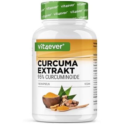 Vit4ever extrato de curcuma 180 cápsulas, 500 mg de curcuminóides 95% de curcumina com açafrão ecológico em pó e extrato de pimenta preta (piperina) alta dose vegano Vit4ever extrato de curcuma 180 cápsulas, 500 mg de curcuminóides 95% de curcumina com açafrão ecológico em pó e extrato de pimenta preta (piperina) alta dose vegano
