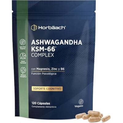 Horbäach Ashwagandha KSM-66 Magnesio Complex 1000mg Extracto de Ashwagandha Com zinco e vitamina B6, 120 cápsulas veganas, alta potência de Horbaach Horbäach Ashwagandha KSM-66 Magnesio Complex 1000mg Extracto de Ashwagandha Com zinco e vitamina B6, 120 cápsulas veganas, alta potência de Horbaach