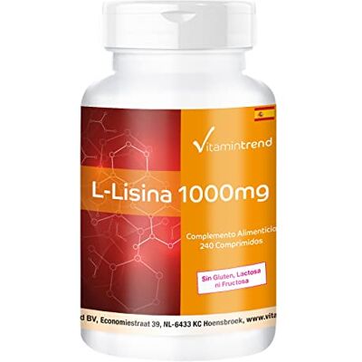 Vitamintrend L-Lisina 1000 mg, 240 comprimidos, altamente doseado, complemento alimentar vegano sem estearato de magnésio, fabricado na Alemanha Vitamintrend L-Lisina 1000 mg, 240 comprimidos, altamente doseado, complemento alimentar vegano sem estearato de magnésio, fabricado na Alemanha