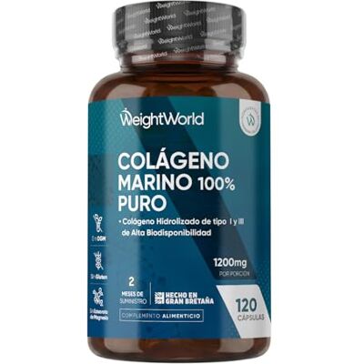 WeightWorld Colágeno marinho hidrolizado 100% puro 1200 mg 120 cápsulas de peptídeos de colagénio de peixe hidrolizado tipo I e III fornecimento para 2 meses, sem glúten e sem OGM WeightWorld Colágeno marinho hidrolizado 100% puro 1200 mg 120 cápsulas de peptídeos de colagénio de peixe hidrolizado tipo I e III fornecimento para 2 meses, sem glúten e sem OGM