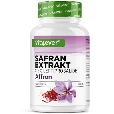 Vit4ever Açafrão 120 cápsulas, 30 mg de extrato de açafrão AFFRON® por dose diária, Espanha, 3,5% Lepticrosalides®, Crocus sativus, marca de matéria-prima vegan, fornecimento para 60 dias Vit4ever Açafrão 120 cápsulas, 30 mg de extrato de açafrão AFFRON® por dose diária, Espanha, 3,5% Lepticrosalides®, Crocus sativus, marca de matéria-prima vegan, fornecimento para 60 dias