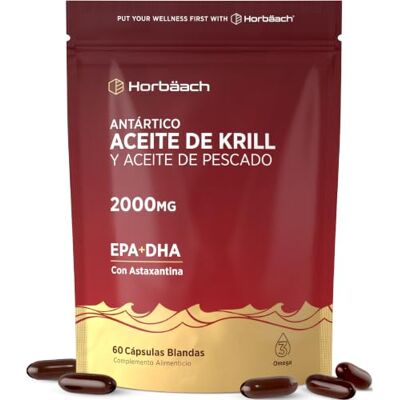 Horbäach Óleo de Krill Omega 3 Antártico 2000 mg Omega 3 Com Astaxantina e Fosfolipídios Ácidos gordos EPA e DHA Fish Oil 60 pérolas de Horbaach Horbäach Óleo de Krill Omega 3 Antártico 2000 mg Omega 3 Com Astaxantina e Fosfolipídios Ácidos gordos EPA e DHA Fish Oil 60 pérolas de Horbaach