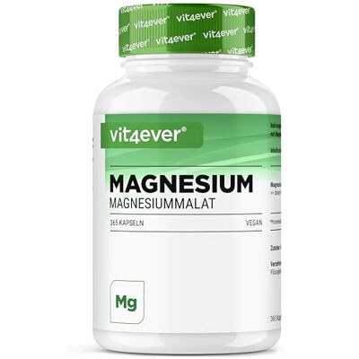 Vit4ever Magnésio malato 365 cápsulas para 4 meses alta dose 2000 mg por dose diária, dos quais 300 mg de magnésio elemental, vegano Vit4ever Magnésio malato 365 cápsulas para 4 meses alta dose 2000 mg por dose diária, dos quais 300 mg de magnésio elemental, vegano