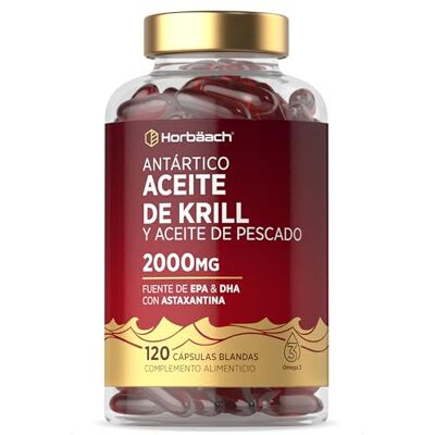 Horbäach Óleo de Krill Omega 3 Antártico 2000 mg Ômega 3 com Astaxantina e Fosfolípidos, 1000 mg por cápsula mole, ácidos gordos EPA e DHA, Fish Oil, 120 pérolas, de Horbaach Omega 3 con Astaxantina y Fosfolípidos 1000mg por cápsula blanda Ácidos Gras Horbäach Óleo de Krill Omega 3 Antártico 2000 mg Ômega 3 com Astaxantina e Fosfolípidos, 1000 mg por cápsula mole, ácidos gordos EPA e DHA, Fish Oil, 120 pérolas, de Horbaach Omega 3 con Astaxantina y Fosfolípidos 1000mg por cápsula blanda Ácidos Gras