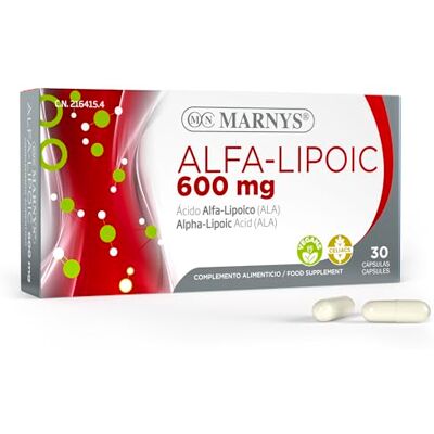 MARNYS Alfa Lipoic 600 mg antioxidante a nível cardiovascular e neurológico, ácido alfa-lipóico adequado para veganos e celíacos, 30 cápsulas vegetais por um mês MARNYS Alfa Lipoic 600 mg antioxidante a nível cardiovascular e neurológico, ácido alfa-lipóico adequado para veganos e celíacos, 30 cápsulas vegetais por um mês