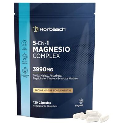 Horbäach Magnésio Complex 5 em 1 3990 mg complexo premium Citrato bisglcinato óxido malato e ascorbato de magnésio, 400 mg magnésio elemental, 120 cápsulas veganas, de Horbaach Horbäach Magnésio Complex 5 em 1 3990 mg complexo premium Citrato bisglcinato óxido malato e ascorbato de magnésio, 400 mg magnésio elemental, 120 cápsulas veganas, de Horbaach