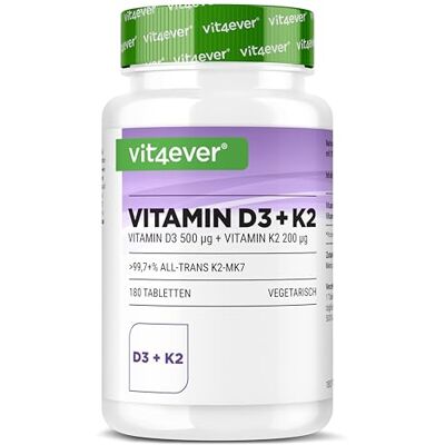 Vit4ever vitamina D3 K2, 180 comprimidos, 20.000 UI 99,7% All-Trans 200 µg K2 MK7 500 µg D3 alta biodisponibilidade sem aditivos desnecessários analisado em laboratório vegetariano Vit4ever vitamina D3 K2, 180 comprimidos, 20.000 UI 99,7% All-Trans 200 µg K2 MK7 500 µg D3 alta biodisponibilidade sem aditivos desnecessários analisado em laboratório vegetariano