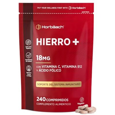 Horbäach Suplemento de ferro e vitamina C (18 mg) Vitamina C, vitamina B12 e ácido fólico, 240 comprimidos veganos, Vegan Iron Supplementment, Horbaach Horbäach Suplemento de ferro e vitamina C (18 mg) Vitamina C, vitamina B12 e ácido fólico, 240 comprimidos veganos, Vegan Iron Supplementment, Horbaach
