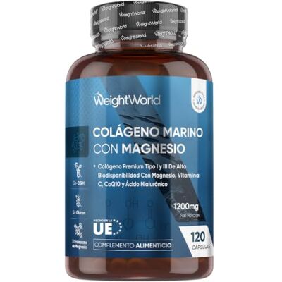 WeightWorld Colágeno con Magnesio 1200mg 120 Cápsulas, Complejo con Ácido Hialurónico Vitamina C, CoQ10 e zinco, colagénio marinho tipo I e III, sem OGM WeightWorld Colágeno con Magnesio 1200mg 120 Cápsulas, Complejo con Ácido Hialurónico Vitamina C, CoQ10 e zinco, colagénio marinho tipo I e III, sem OGM