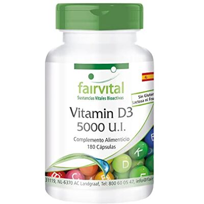fairvital Vitamina D3 5000 U.I. Colecalciferol Dose elevada 1 cápsula/5 dias 180 cápsulas qualidade alemã fairvital Vitamina D3 5000 U.I. Colecalciferol Dose elevada 1 cápsula/5 dias 180 cápsulas qualidade alemã