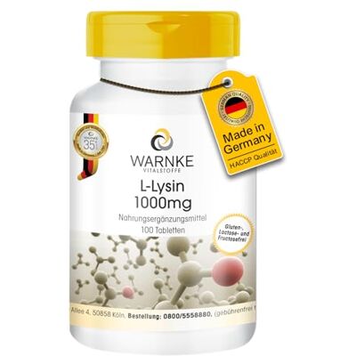 WARNKE VITALSTOFFE Lisina comprimidos 1000 mg vegan, 100 comprimidos aminoácidos Qualidade alemã de farmácia WARNKE VITALSTOFFE Lisina comprimidos 1000 mg vegan, 100 comprimidos aminoácidos Qualidade alemã de farmácia