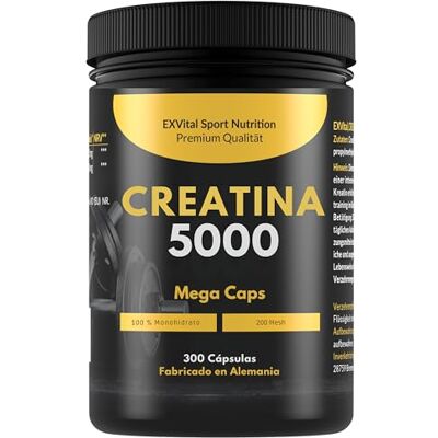 EXVital Creatina 5000 Mega Caps, 5000 mg de creatina monohidratada/dia, 300 cápsulas veganas, 100% pura, control laboratório EXVital Creatina 5000 Mega Caps, 5000 mg de creatina monohidratada/dia, 300 cápsulas veganas, 100% pura, control laboratório
