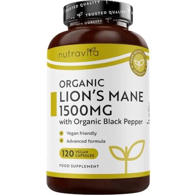 Nutravita 120 Cápsulas de Cogumelo de Mão de Leão Orgânico 1500mg com Pimenta Negra Orgânica Suplemento de Yamabushitake Veganas, Sem Aglutinantes nem Enchimentos Sintéticos Feito por Suplemento de Yamabushitake Veganas, Sin Aglutinantes ni Rellenos Si Nutravita 120 Cápsulas de Cogumelo de Mão de Leão Orgânico 1500mg com Pimenta Negra Orgânica Suplemento de Yamabushitake Veganas, Sem Aglutinantes nem Enchimentos Sintéticos Feito por Suplemento de Yamabushitake Veganas, Sin Aglutinantes ni Rellenos Si