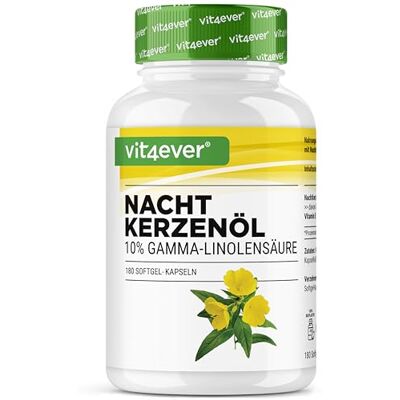 Vit4ever Óleo de Onagra 180 cápsulas, 2000 mg 10% GLA vitamina E Óleo prensado a frio de Oenothera biennis com ácidos gordos ômega 6 naturais (ácido gama-inolénico) para 3 meses Vit4ever Óleo de Onagra 180 cápsulas, 2000 mg 10% GLA vitamina E Óleo prensado a frio de Oenothera biennis com ácidos gordos ômega 6 naturais (ácido gama-inolénico) para 3 meses