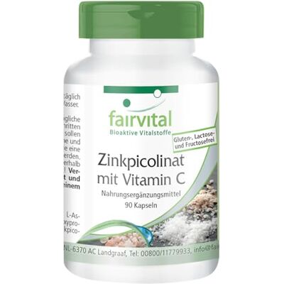 fairvital Picolinato de zinco com vitamina C, 90 cápsulas, fáceis de engolir, alta Dose, 10 mg de zinco + 80 mg de vitamina C por cápsula, VEGANO fairvital Picolinato de zinco com vitamina C, 90 cápsulas, fáceis de engolir, alta Dose, 10 mg de zinco + 80 mg de vitamina C por cápsula, VEGANO
