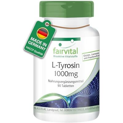 fairvital L-tirosina 1000 mg, 90 comprimidos, 1000 mg por comprimido, qualidade certificada e alta dose, 100 % vegano, fabricado na Alemanha fairvital L-tirosina 1000 mg, 90 comprimidos, 1000 mg por comprimido, qualidade certificada e alta dose, 100 % vegano, fabricado na Alemanha