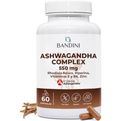 BANDINI ® Ashwagandha KSM-66® Withania Somnifera Complex 60 cápsulas Rhodiola Rosea, Ginseng Índio, zinco, Vit E e B6, Alta dose com 5% de Whitanólidos, Ashwagandha Suplemento natural e vegano BANDINI ® Ashwagandha KSM-66® Withania Somnifera Complex 60 cápsulas Rhodiola Rosea, Ginseng Índio, zinco, Vit E e B6, Alta dose com 5% de Whitanólidos, Ashwagandha Suplemento natural e vegano