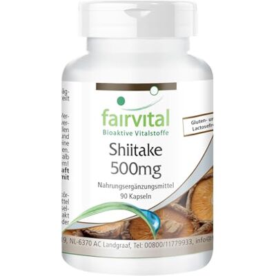 fairvital Shiitake 500 mg, 90 cápsulas, fáceis de engolir, 500 mg de pó de cogumelo shiitake por cápsula, ALTA DOSIS, edodes lentinula, VEGANO fairvital Shiitake 500 mg, 90 cápsulas, fáceis de engolir, 500 mg de pó de cogumelo shiitake por cápsula, ALTA DOSIS, edodes lentinula, VEGANO