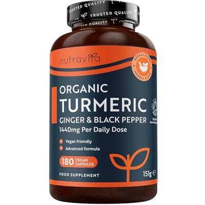 Nutravita Curcuma orgânica com gengibre e pimenta preta, 180 cápsulas veganas, 3 meses açafrão bio extrato de curcumina ecológica Turmeric Complex Nutravita Curcuma orgânica com gengibre e pimenta preta, 180 cápsulas veganas, 3 meses açafrão bio extrato de curcumina ecológica Turmeric Complex