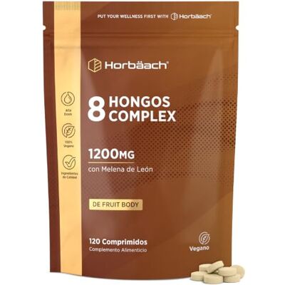 Horbäach Hongos Complex con Reishi, Lions Mane, Shiitake, Maitake, Cordyceps Mushroom Complex extrato de 8 cogumelos de 1200 mg 120 cápsulas veganas em pó by Horbaach Horbäach Hongos Complex con Reishi, Lions Mane, Shiitake, Maitake, Cordyceps Mushroom Complex extrato de 8 cogumelos de 1200 mg 120 cápsulas veganas em pó by Horbaach