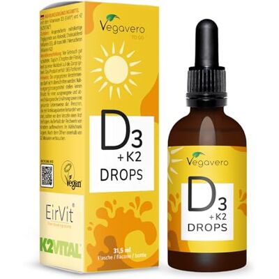 Vegavero Vitamina D3 e K2 MK-7 Gotas VEGANO para um ano, EirVit + Vitamin D3V sem aditivos, 1000 UI Dose diária Vegavero Vitamina D3 e K2 MK-7 Gotas VEGANO para um ano, EirVit + Vitamin D3V sem aditivos, 1000 UI Dose diária