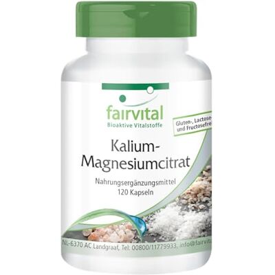 fairvital Citrato de potássio e magnésio, alta dose, cápsulas de magnésio potássio, VEGANO, 120 cápsulas fairvital Citrato de potássio e magnésio, alta dose, cápsulas de magnésio potássio, VEGANO, 120 cápsulas