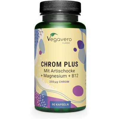 Vegavero Picolinato de crómio, 250 mcg Alta Dose, com magnésio bisglicinato, vitamina B12 e extrato de alcachofra, controlo de açúcar, 90 cápsulas, sem aditivos e testados na Alemanha Vegavero Picolinato de crómio, 250 mcg Alta Dose, com magnésio bisglicinato, vitamina B12 e extrato de alcachofra, controlo de açúcar, 90 cápsulas, sem aditivos e testados na Alemanha
