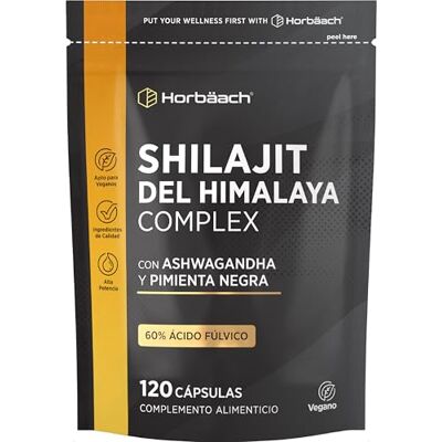 Horbäach Shilajit Puro de Himalaya Cápsulas 1500mg 60% Ácido Fúlvico Com Ashwagandha e pimenta preta, 120 cápsulas veganas, extrato puro de Shilajit proveniente do Himalaia de Horbaach Horbäach Shilajit Puro de Himalaya Cápsulas 1500mg 60% Ácido Fúlvico Com Ashwagandha e pimenta preta, 120 cápsulas veganas, extrato puro de Shilajit proveniente do Himalaia de Horbaach