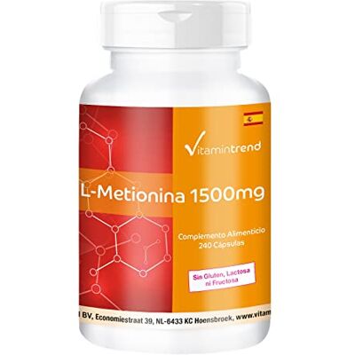 Vitamintrend L-Metionina 1500 mg por dose diária, 240 cápsulas, altamente doseado, complemento alimentar vegano sem estearato de magnésio, fabricado na Alemanha Vitamintrend L-Metionina 1500 mg por dose diária, 240 cápsulas, altamente doseado, complemento alimentar vegano sem estearato de magnésio, fabricado na Alemanha