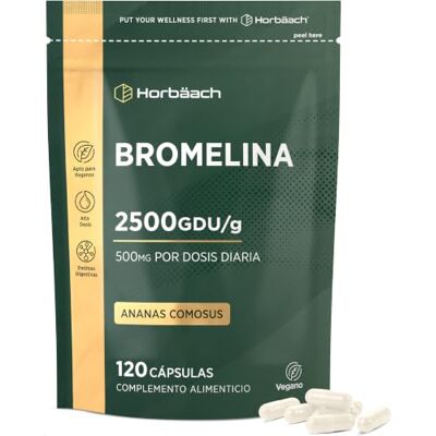 Horbäach Bromelina 500 mg Enzima de ananás 2500 GDU/g Suplemento de enzimas digestivas de alta potência 5000 F.I.P. 120 cápsulas Horbaach Horbäach Bromelina 500 mg Enzima de ananás 2500 GDU/g Suplemento de enzimas digestivas de alta potência 5000 F.I.P. 120 cápsulas Horbaach