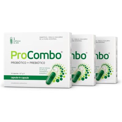 ProCombo Prebiótico e Probiótico para a Saúde Intestinal 200 mil milhões de UFC, 30 cápsulas (Pacote de 3 unidades) ProCombo Prebiótico e Probiótico para a Saúde Intestinal 200 mil milhões de UFC, 30 cápsulas (Pacote de 3 unidades)