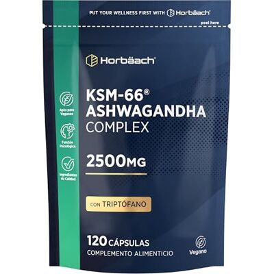 Horbäach Ashwagandha KSM-66 Cápsulas 2000mg Complex con Triptófano 10 en 1 120 cápsulas veganas- com L-triptofano, camomila, extrato de bonsai de limão e muito mais! de Horbaach Horbäach Ashwagandha KSM-66 Cápsulas 2000mg Complex con Triptófano 10 en 1 120 cápsulas veganas- com L-triptofano, camomila, extrato de bonsai de limão e muito mais! de Horbaach