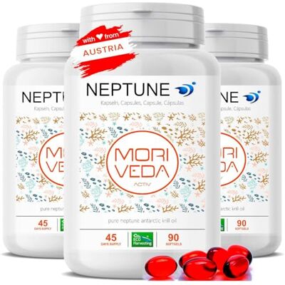 MoriVeda NEPTUNE Cápsulas de óleo de krill, fornecimento para 135 dias, com ómega 3, 6 e 9 (EPA/DHA), antioxidantes, vitamina E e colina, certificado pelo MSC e sustentável, 3 x 90 cápsulas moles MoriVeda NEPTUNE Cápsulas de óleo de krill, fornecimento para 135 dias, com ómega 3, 6 e 9 (EPA/DHA), antioxidantes, vitamina E e colina, certificado pelo MSC e sustentável, 3 x 90 cápsulas moles