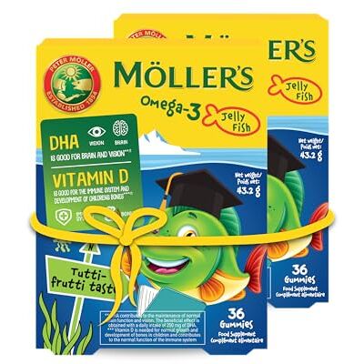 MÖLLER'S Omega 3 para crianças Cápsulas de óleo de peixe Omega-3 com ácidos gordos Omega 3 Com DHA e EPA, sem glúten, sem lactose, sem açúcares adicionados Tutti Frutti 72 unid MÖLLER'S Omega 3 para crianças Cápsulas de óleo de peixe Omega-3 com ácidos gordos Omega 3 Com DHA e EPA, sem glúten, sem lactose, sem açúcares adicionados Tutti Frutti 72 unid