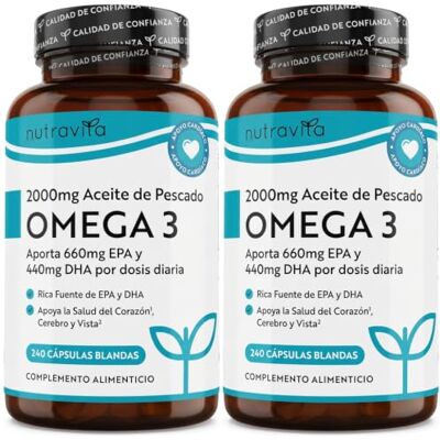 Nutravita Omega 3 2000 mg com 660 mg EPA e 440 mg DHA 2 Garrafas de 240 cápsulas lisas para 8 meses, coração, função cerebral e visão (EFSA) Ômega 3 cápsulas Nutravita Omega 3 2000 mg com 660 mg EPA e 440 mg DHA 2 Garrafas de 240 cápsulas lisas para 8 meses, coração, função cerebral e visão (EFSA) Ômega 3 cápsulas