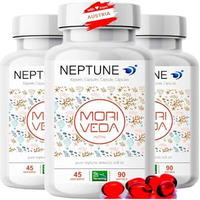 MoriVeda NEPTUNE Cápsulas de óleo de krill, fornecimento para 135 dias, com ómega 3, 6 e 9 (EPA/DHA), antioxidantes, vitamina E e colina, certificado pelo MSC e sustentável, 3 x 90 cápsulas moles MoriVeda NEPTUNE Cápsulas de óleo de krill, fornecimento para 135 dias, com ómega 3, 6 e 9 (EPA/DHA), antioxidantes, vitamina E e colina, certificado pelo MSC e sustentável, 3 x 90 cápsulas moles