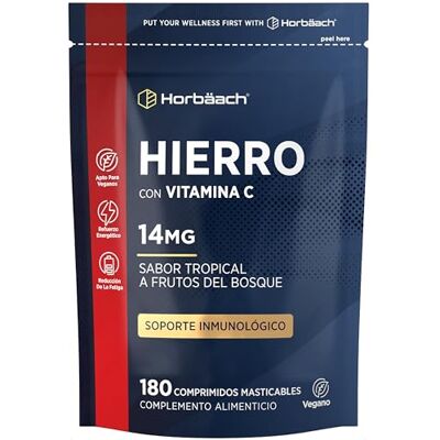 Horbäach Suplemento de ferro e vitamina C (80 mg) 180 comprimidos mastigáveis veganos 3 Meses de Suministro Sabor a Frutos del Bosque Horbaach Horbäach Suplemento de ferro e vitamina C (80 mg) 180 comprimidos mastigáveis veganos 3 Meses de Suministro Sabor a Frutos del Bosque Horbaach