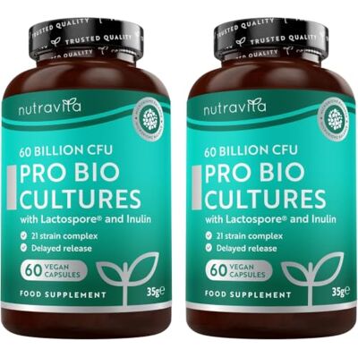 Nutravita Probióticos e prébióticos intestinais com 60 mil milhões UFC 2 x 60 cápsulas veganas, inulina e 21 cepas bacterianas, microbiota intestinal, pré-bióticos e probióticos mulher e homem Nutravita Probióticos e prébióticos intestinais com 60 mil milhões UFC 2 x 60 cápsulas veganas, inulina e 21 cepas bacterianas, microbiota intestinal, pré-bióticos e probióticos mulher e homem