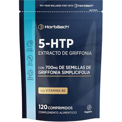 Horbäach 5HTP 700 mg Extrato de 4:1 de semente de triffonia, com vitamina B5 Ácido pantoténico alta potência, 120 comprimidos veganos, Horbaach Horbäach 5HTP 700 mg Extrato de 4:1 de semente de triffonia, com vitamina B5 Ácido pantoténico alta potência, 120 comprimidos veganos, Horbaach