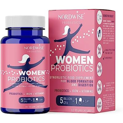 Nordwise Probióticos para mulher Melhore a sua saúde intestinal I fórmula 100% vegana I 5 bilhões de UFC I 60 cápsulas I para 2 meses Nordwise Probióticos para mulher Melhore a sua saúde intestinal I fórmula 100% vegana I 5 bilhões de UFC I 60 cápsulas I para 2 meses